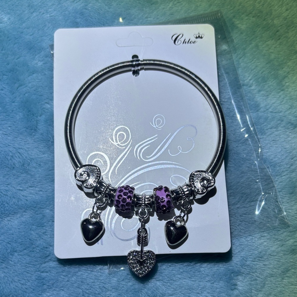 Silver Bracelet with Purple Charms